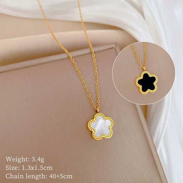 Titanium Steel Five Leaf Flower Double Sided Cartoon Style Electroplated Necklace