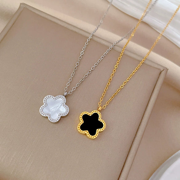 Titanium Steel Five Leaf Flower Double Sided Cartoon Style Electroplated Necklace