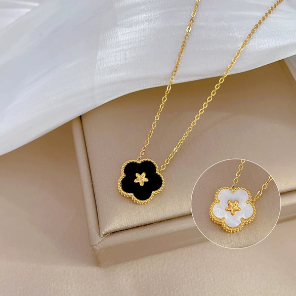 Titanium Steel Fiveleaf Flower Doublesided Minimalist Air Furnace Real Gold Plated Unisex Cartoon Geometric Pendant Necklace