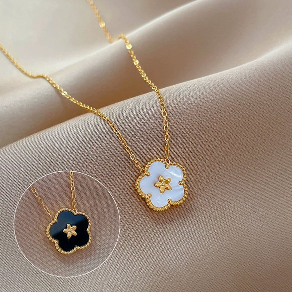 Titanium Steel Fiveleaf Flower Doublesided Minimalist Air Furnace Real Gold Plated Unisex Cartoon Geometric Pendant Necklace
