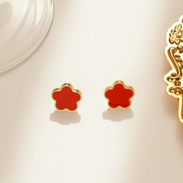 Titanium Steel Fiveleaf Flower Earrings For Women Electroplated