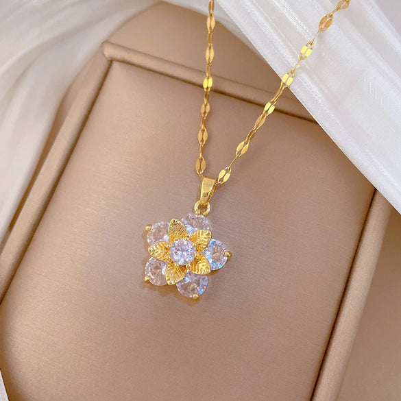 Titanium Steel Fiveleaf Flower Geometric Light Luxury Microinlaid Electroplated Women's Necklace Earrings Set