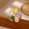Titanium Steel Floral Ring With Colorful Drip Enamel Petals And Retro Pearl Detail Adjustable Open Band Sweet Women's Jewelry