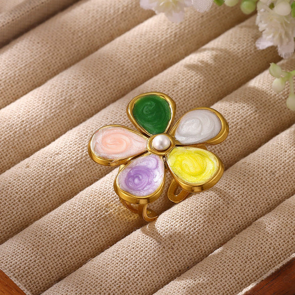 Titanium Steel Floral Ring With Colorful Drip Enamel Petals And Retro Pearl Detail Adjustable Open Band Sweet Women's Jewelry