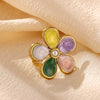 Titanium Steel Floral Ring With Colorful Drip Enamel Petals And Retro Pearl Detail Adjustable Open Band Sweet Women's Jewelry
