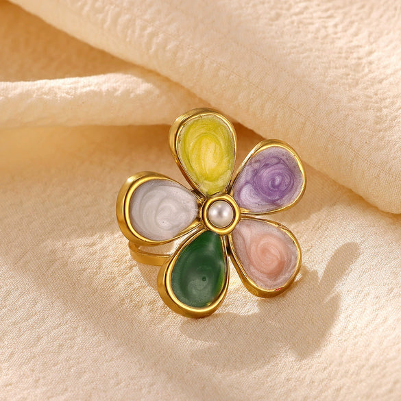 Titanium Steel Floral Ring With Colorful Drip Enamel Petals And Retro Pearl Detail Adjustable Open Band Sweet Women's Jewelry