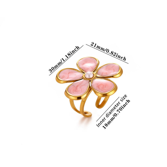 Titanium Steel Floral Ring With Colorful Drip Enamel Petals And Retro Pearl Detail Adjustable Open Band Sweet Women's Jewelry