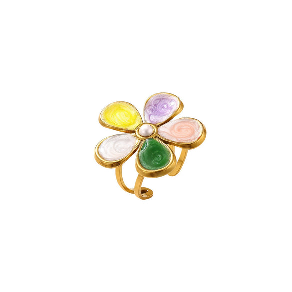 Titanium Steel Floral Ring With Colorful Drip Enamel Petals And Retro Pearl Detail Adjustable Open Band Sweet Women's Jewelry