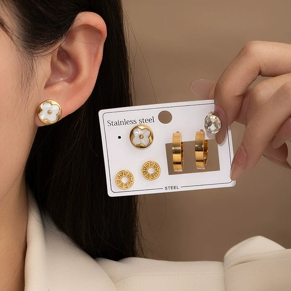 Titanium Steel Flower Shape Electroplated Women's Earrings Set
