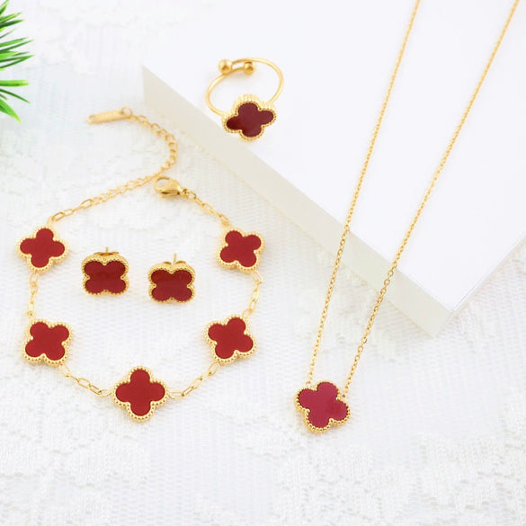 Titanium Steel Four Leaf Clover Elegant Jewelry Fourpiece Set For Girls With Electroplating