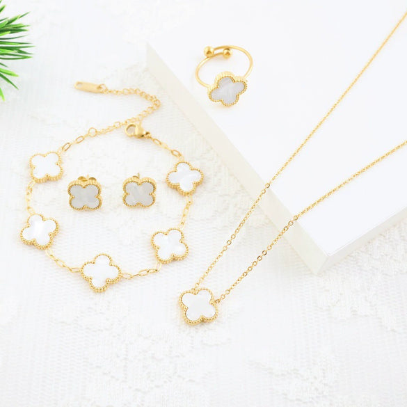 Titanium Steel Four Leaf Clover Elegant Jewelry Fourpiece Set For Girls With Electroplating