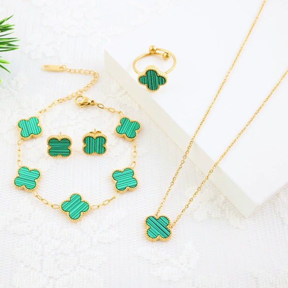 Titanium Steel Four Leaf Clover Elegant Jewelry Fourpiece Set For Girls With Electroplating