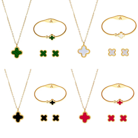 Titanium Steel Four Leaf Clover Jewelry Set For Women Light Luxury Electroplated Necklace Earrings Bracelet