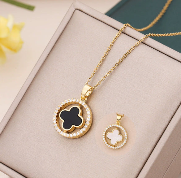 Titanium Steel Fourleaf Clover Pendant Necklace With Mixed Gem Inlay And Electroplating Geometric Style Doublesided Rotating Ochain For Women