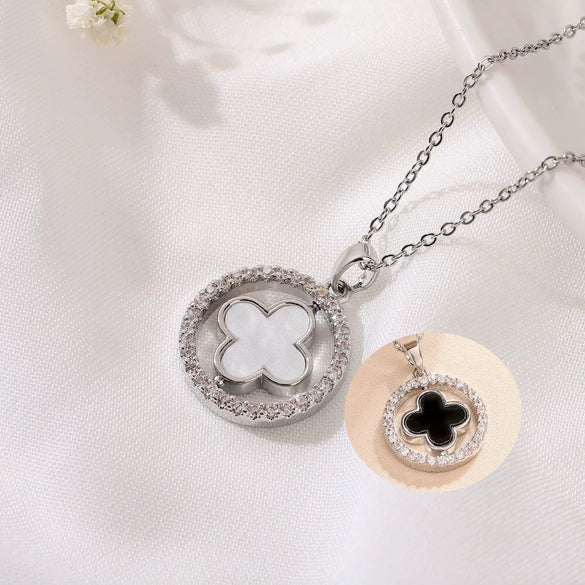 Titanium Steel Fourleaf Clover Pendant Necklace With Mixed Gem Inlay And Electroplating Geometric Style Doublesided Rotating Ochain For Women