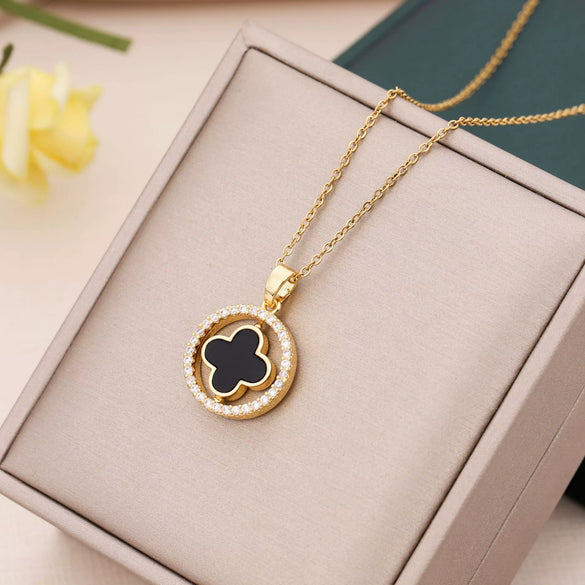 Titanium Steel Fourleaf Clover Pendant Necklace With Mixed Gem Inlay And Electroplating Geometric Style Doublesided Rotating Ochain For Women