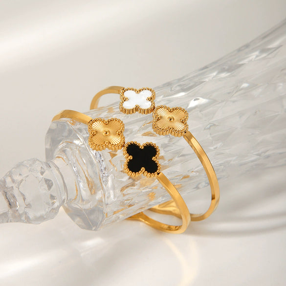 Titanium Steel Fourleaf Clover Spring Opening Bracelet Stainless Steel Electroplated