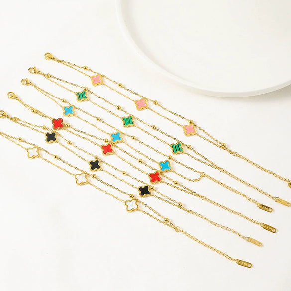 Titanium Steel Fourleaf Clover Stacked Double Chain Bracelet Electroplated For Women With Flower Design