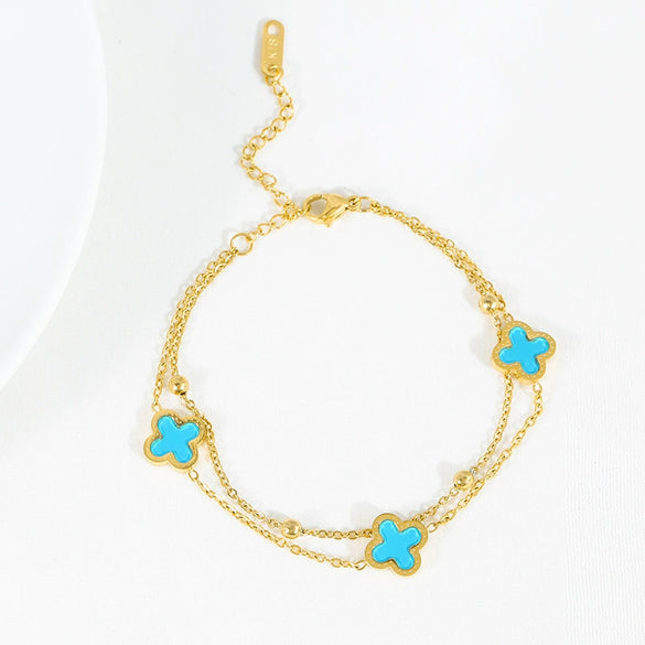 Titanium Steel Fourleaf Clover Stacked Double Chain Bracelet Electroplated For Women With Flower Design