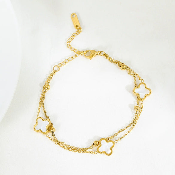 Titanium Steel Fourleaf Clover Stacked Double Chain Bracelet Electroplated For Women With Flower Design