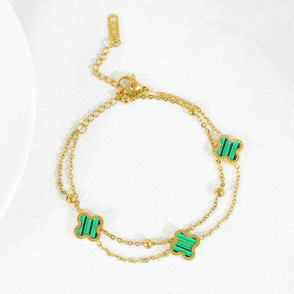 Titanium Steel Fourleaf Clover Stacked Double Chain Bracelet Electroplated For Women With Flower Design