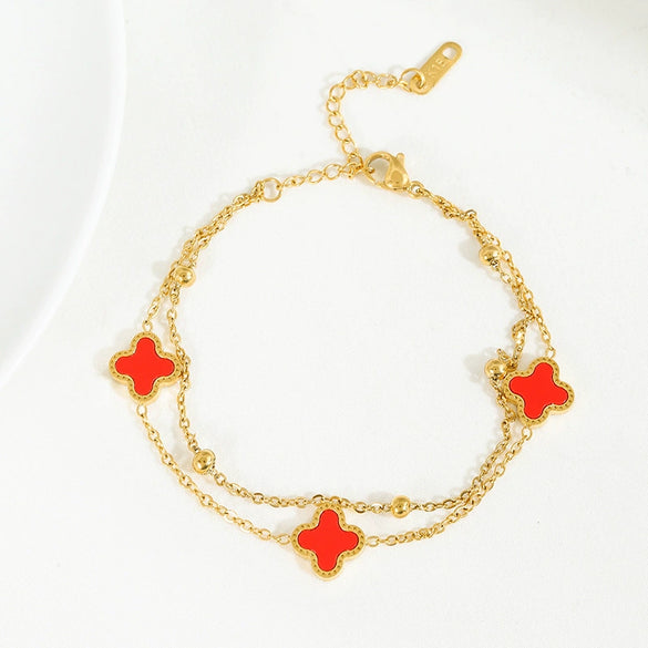 Titanium Steel Fourleaf Clover Stacked Double Chain Bracelet Electroplated For Women With Flower Design