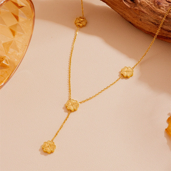 Titanium Steel Fourleaf Clover Starfish Love Tassel Pendant Necklace For Women With Geometric Pattern