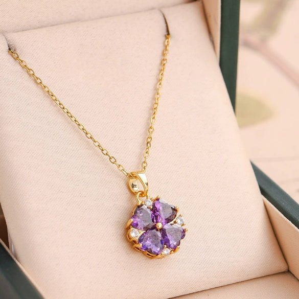 Titanium Steel Fourleaf Clover Zircon Pendant Necklace Mixed Gemstone Inlay Geometric Style Oshaped Chain Jewelry For Women Electroplated