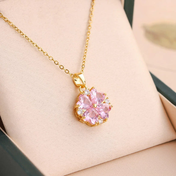 Titanium Steel Fourleaf Clover Zircon Pendant Necklace Mixed Gemstone Inlay Geometric Style Oshaped Chain Jewelry For Women Electroplated