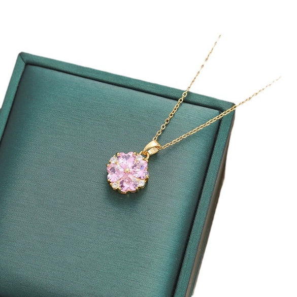 Titanium Steel Fourleaf Clover Zircon Pendant Necklace Mixed Gemstone Inlay Geometric Style Oshaped Chain Jewelry For Women Electroplated