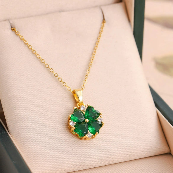 Titanium Steel Fourleaf Clover Zircon Pendant Necklace Mixed Gemstone Inlay Geometric Style Oshaped Chain Jewelry For Women Electroplated