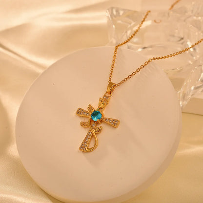 Titanium Steel French Style Modern Style Simple Style Cross Rose Inlay Zircon Pendant Necklace