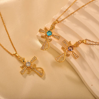 Titanium Steel French Style Modern Style Simple Style Cross Rose Inlay Zircon Pendant Necklace