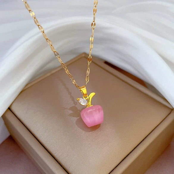 Titanium Steel Fruit Shaped Opalite Diamond Cartoon Geometric Necklace