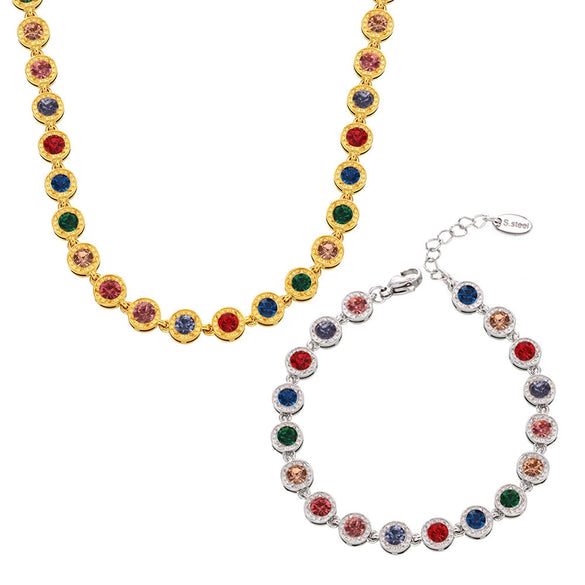 Titanium Steel Full Diamond 3A Zircon Mixed Color Bracelet And Necklace Jewelry Suit With Pvd Vacuum Plating For Women