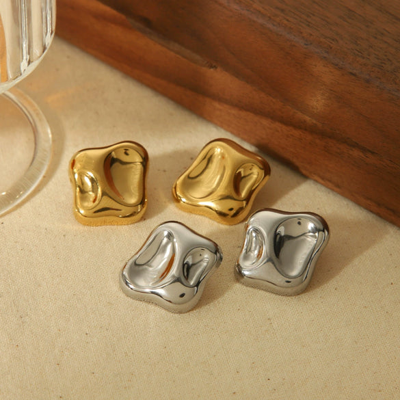 Titanium Steel Geometric Asymmetrical Square Hammer Pattern Electroplated Nonfading Earrings