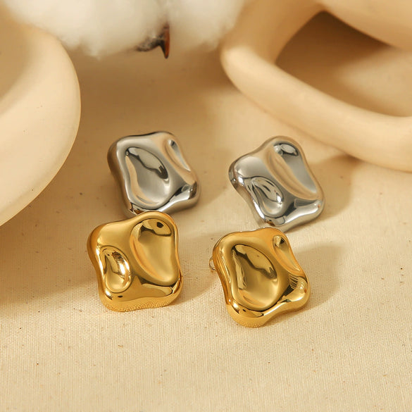 Titanium Steel Geometric Asymmetrical Square Hammer Pattern Electroplated Nonfading Earrings