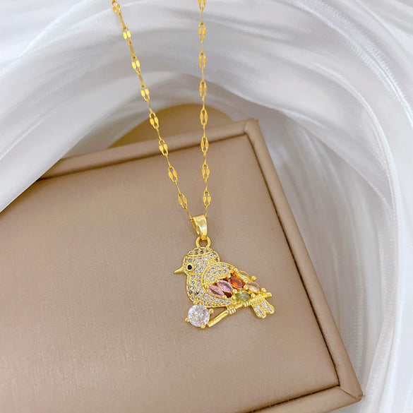 Titanium Steel Geometric Bird Necklace With Diamond Micropaved Zircon And Real Gold Electroplating Cartoon Style