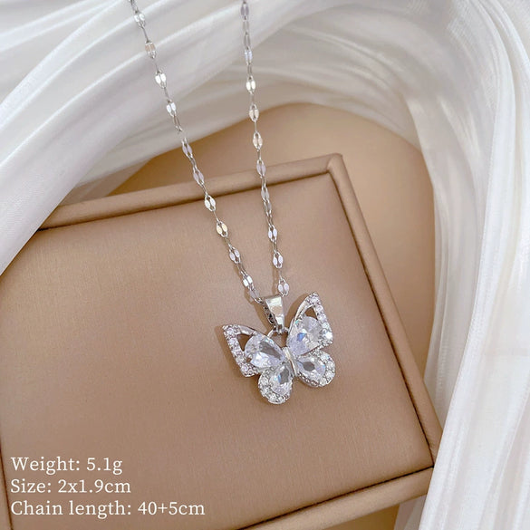 Titanium Steel Geometric Butterfly Microinlaid Necklace And Earrings Set With Electroplating Light Luxury And Elegant Style For Women