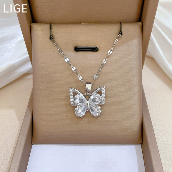 Titanium Steel Geometric Butterfly Microinlaid Necklace And Earrings Set With Electroplating Light Luxury And Elegant Style For Women