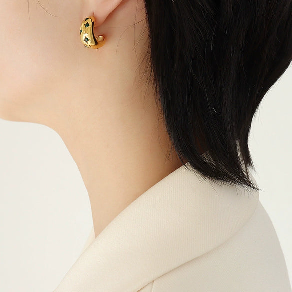 316L Stainless Steel Geometric C Shape Zircon Inlaid Electroplated 18K Gold Earrings