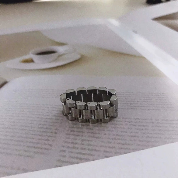 Stainless Steel Geometric Chain Ring For Women Gold Inlaid Hip Hop Style Statement Jewelry