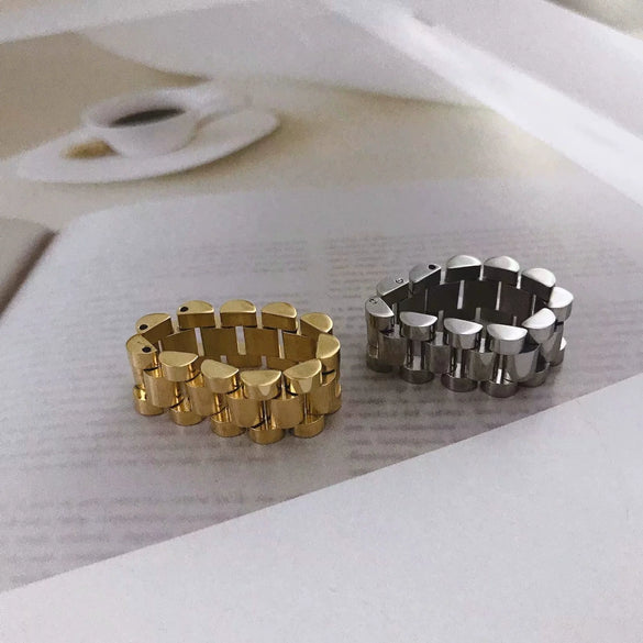Stainless Steel Geometric Chain Ring For Women Gold Inlaid Hip Hop Style Statement Jewelry