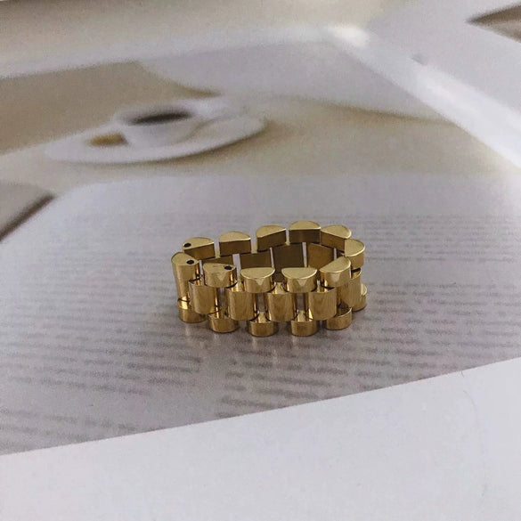 Stainless Steel Geometric Chain Ring For Women Gold Inlaid Hip Hop Style Statement Jewelry