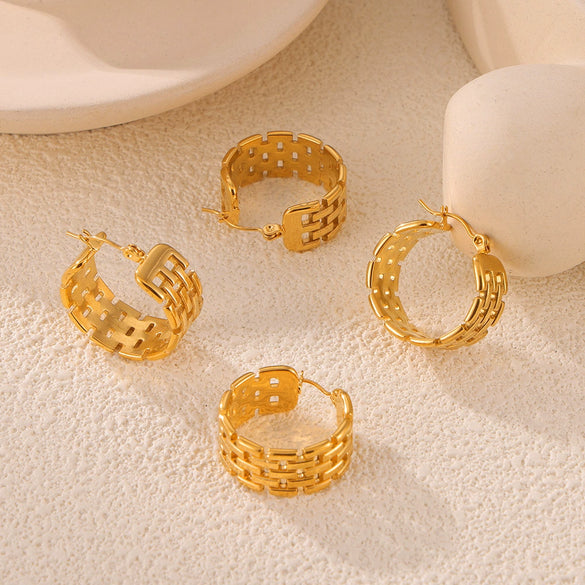 Titanium Steel Geometric Cshaped Electroplated Winding Stitching Hollow Earrings For Women