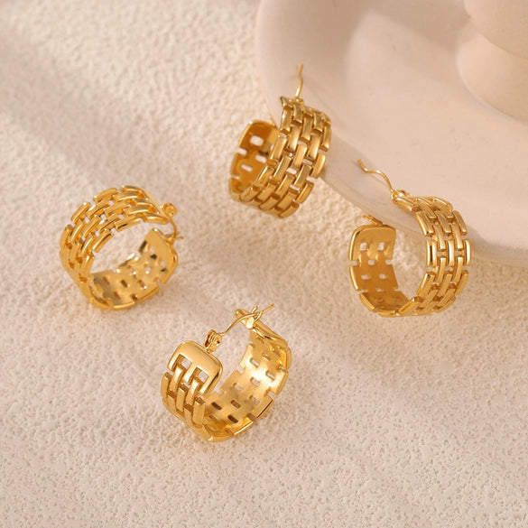 Titanium Steel Geometric Cshaped Electroplated Winding Stitching Hollow Earrings For Women