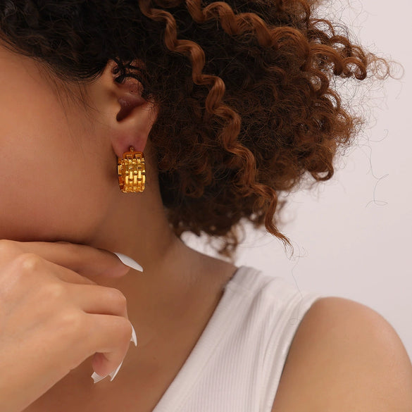 Titanium Steel Geometric Cshaped Electroplated Winding Stitching Hollow Earrings For Women