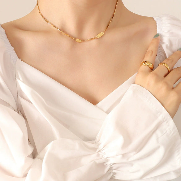 Titanium Steel Geometric Double Layer Clavicle Necklace With Watch Gear Notch Pendant Electroplated Gold Finish