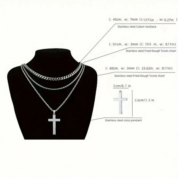 Titanium Steel Geometric Double Layer Cross Pendant Necklace With Cuban Chain And Electroplating Treatment