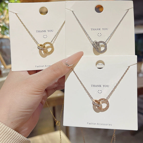 Titanium Steel Geometric Double Ring Circle Clavicle Necklace With Zirconia Design For Women